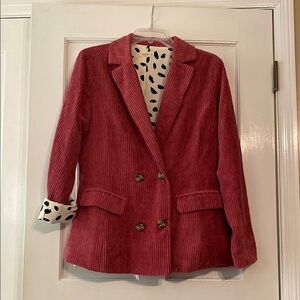 Dark Pink Double-Breasted Blazer with Notched Lapels & polka dot lining